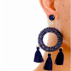 NWT J. Crew Black Crystal Bead and Tassel Chandelier Drop Pierced Earrings 3.5"